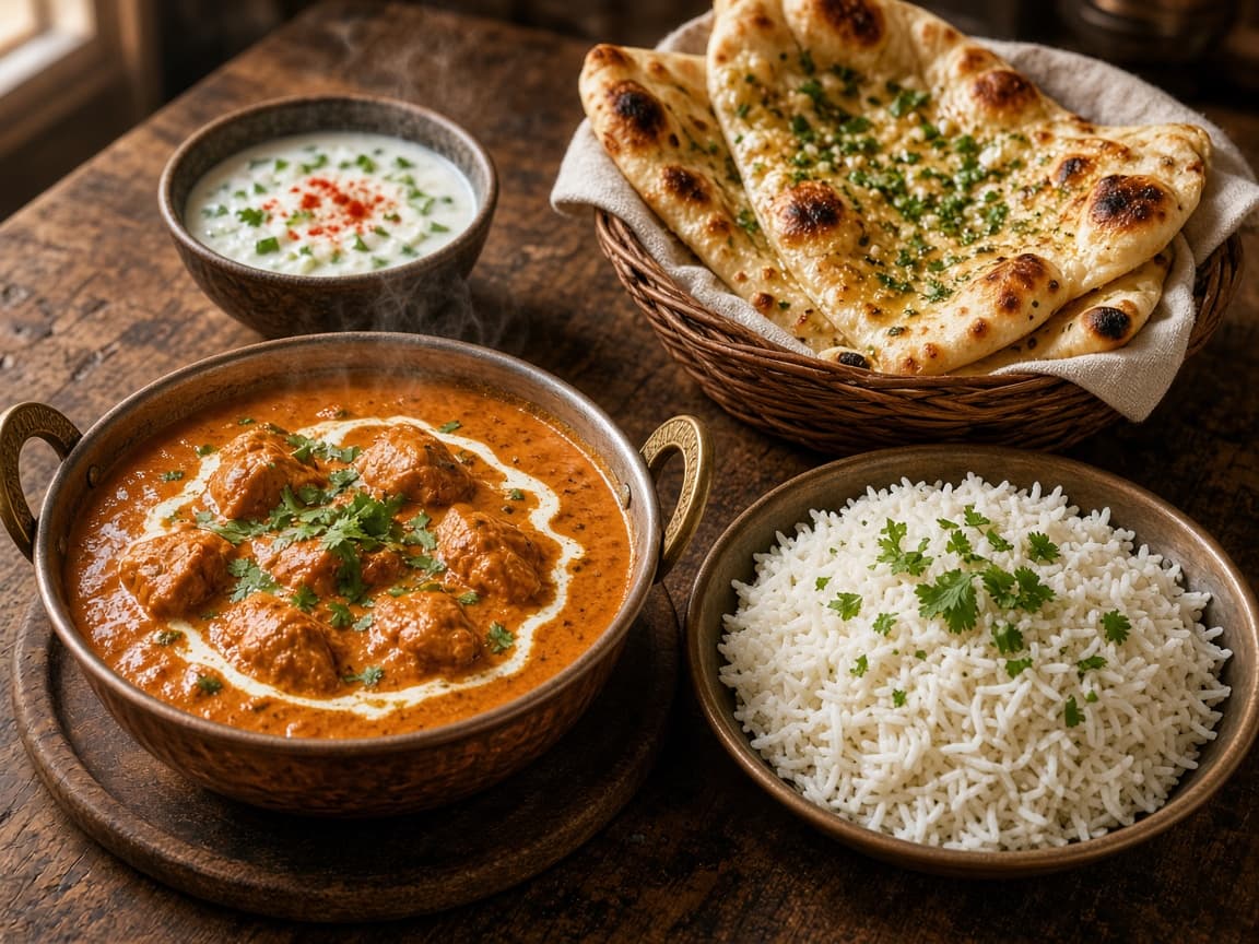 A freshly served Indian meal of curry, rice and naan on a wooden table