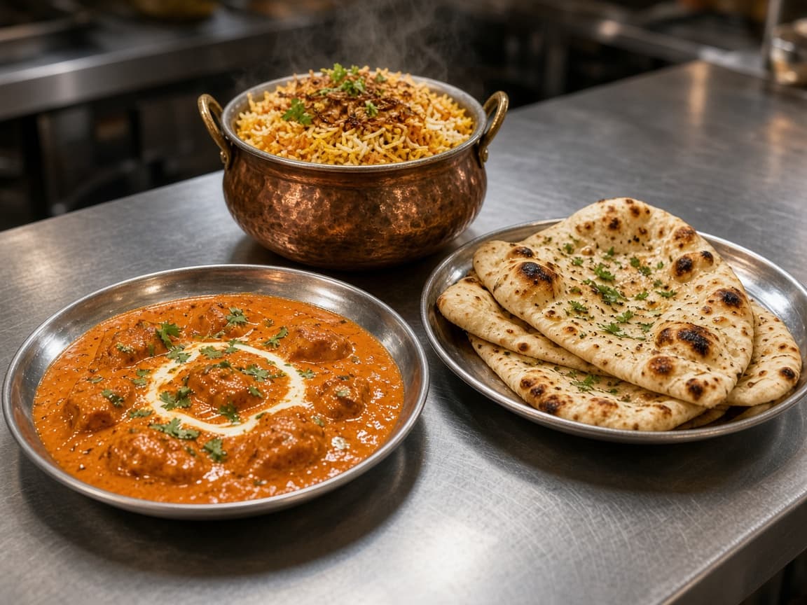 Indian dishes plated in a restaurant kitchen, ready for service